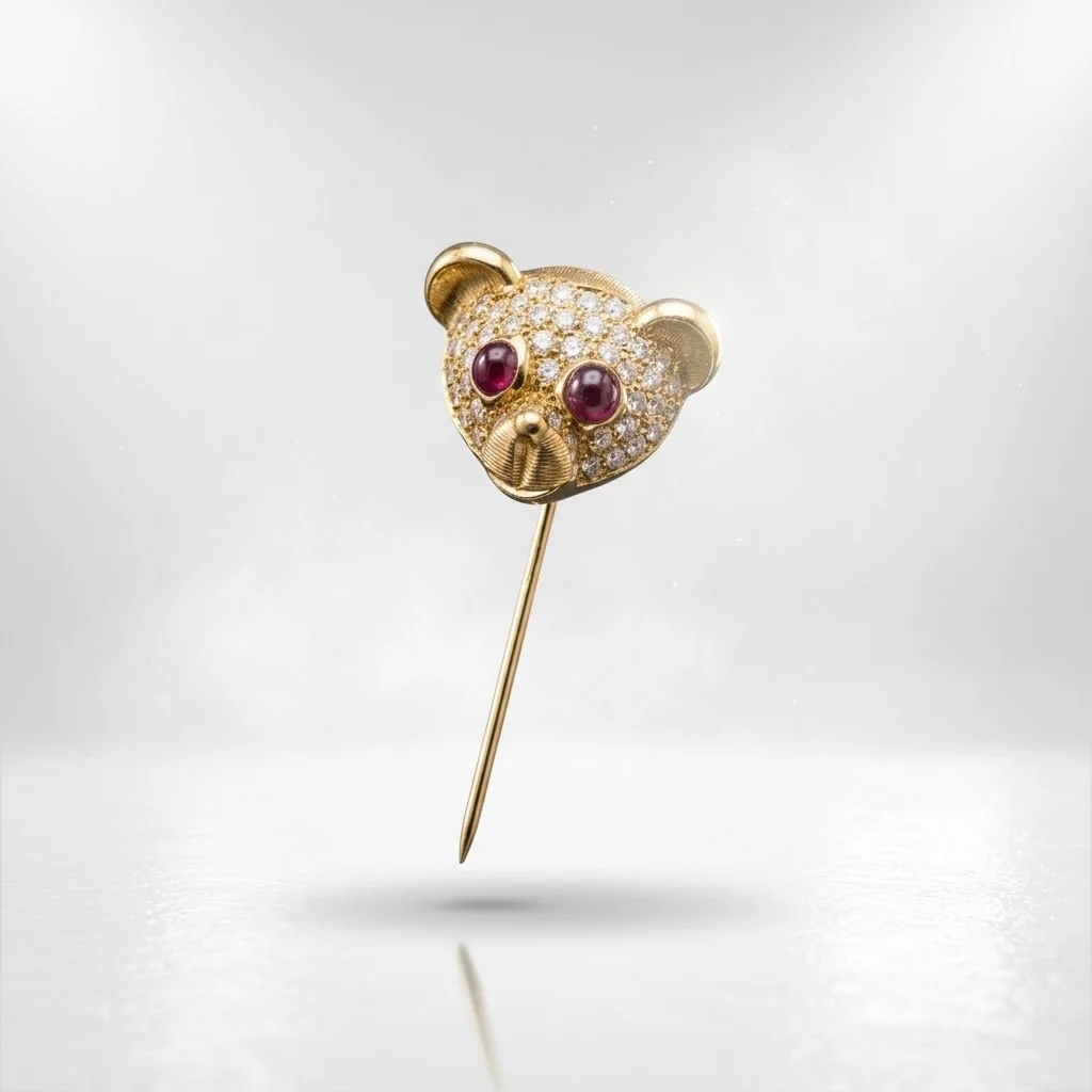 Teddy Bear Diamond Ruby Pin 18K