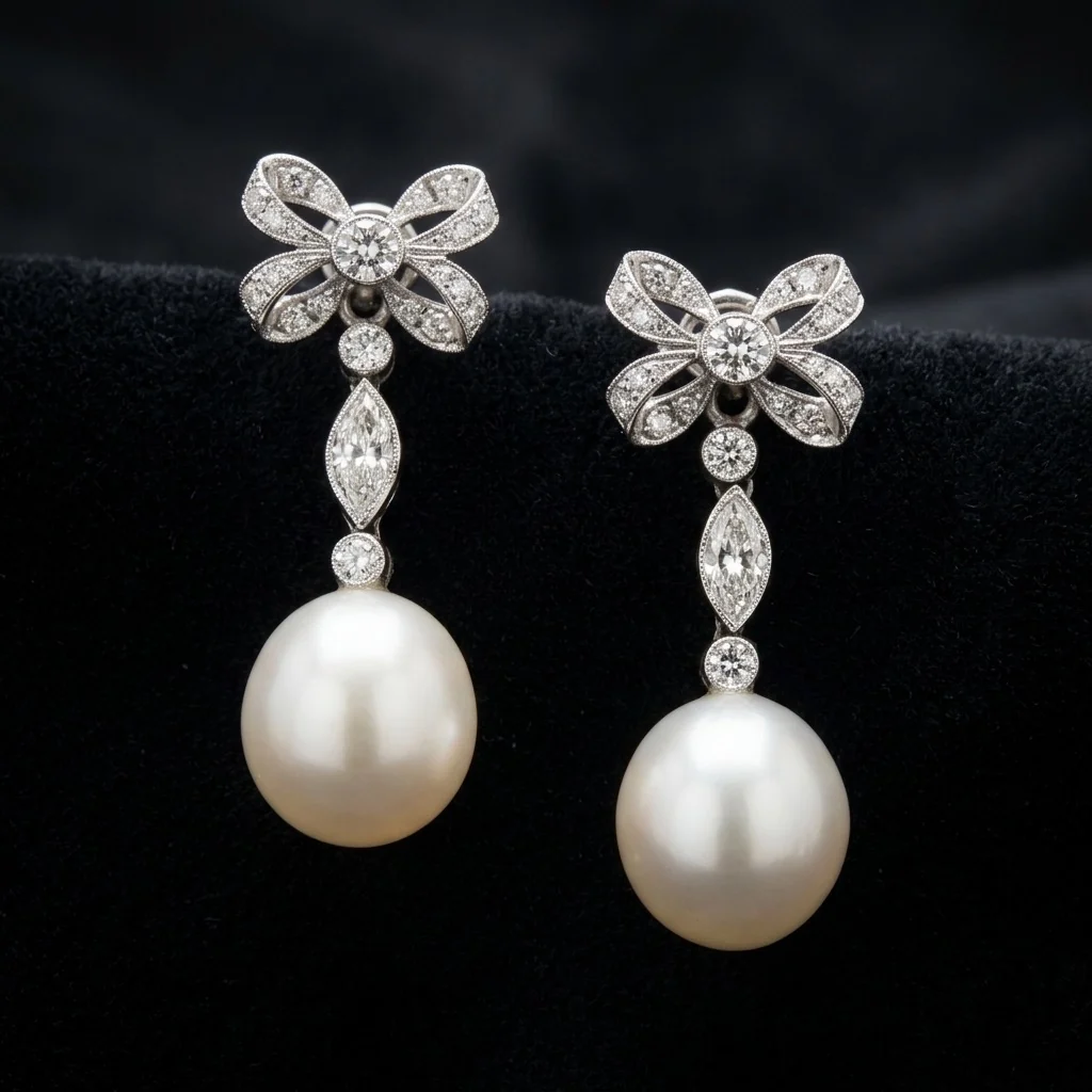 Detachable Bow Diamond Pearl Earrings